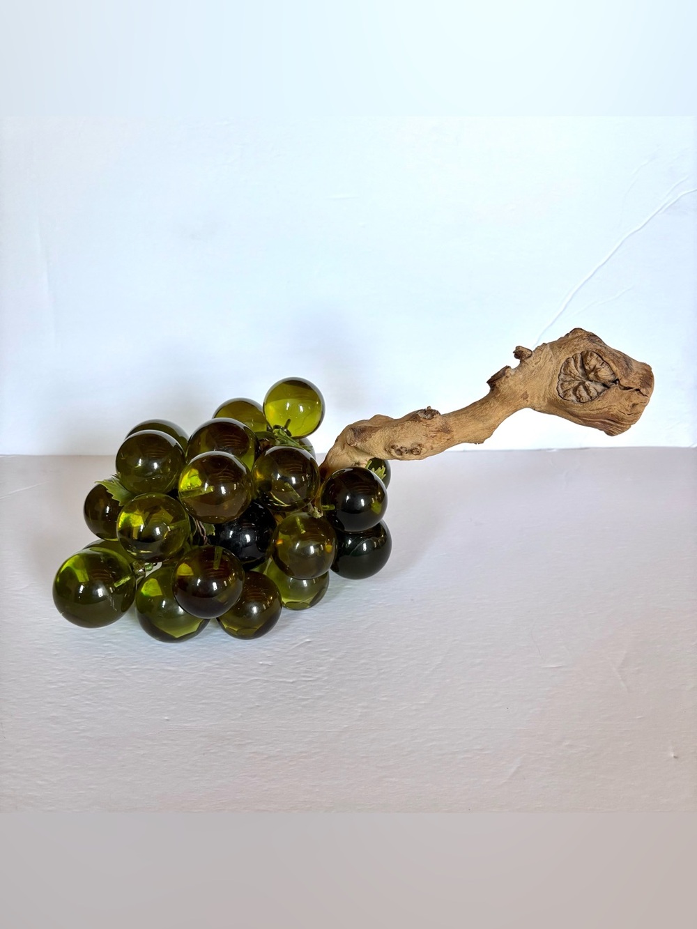 Vintage Mid Century Olive Green Glass Lucite Grape Cluster with Driftwood Stem